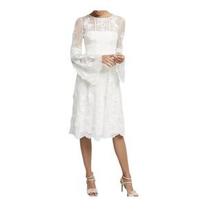 MONIQUE L HUILLIER White Lace Bell-Sleeve Tiered Bridal Party Dress 4P‎ NWT $500